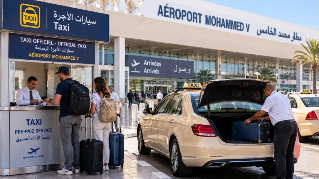 Official taxi service at Casablanca Mohammed V Airport with travelers and luggage