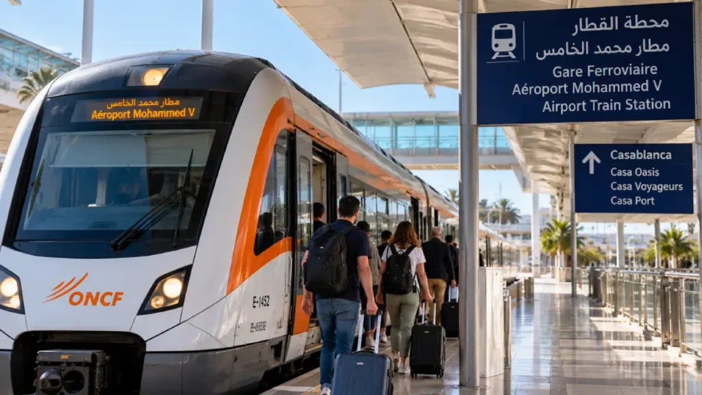 ONCF train at Casablanca Mohammed V Airport with passengers boarding for Casa Oasis, Casa Voyageurs and Casa Port