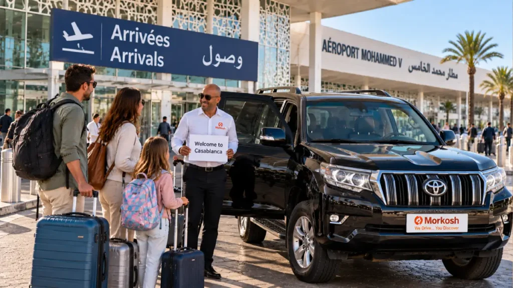 Private Casablanca airport transfer with Morkosh driver meeting a family beside a black Toyota Prado at Mohammed V Airport