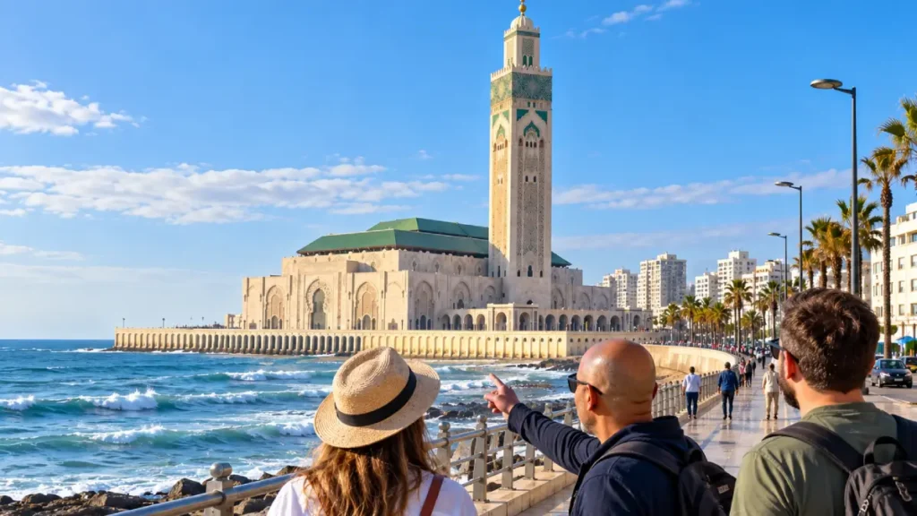 Casablanca city tour near Hassan II Mosque on the Atlantic seafront