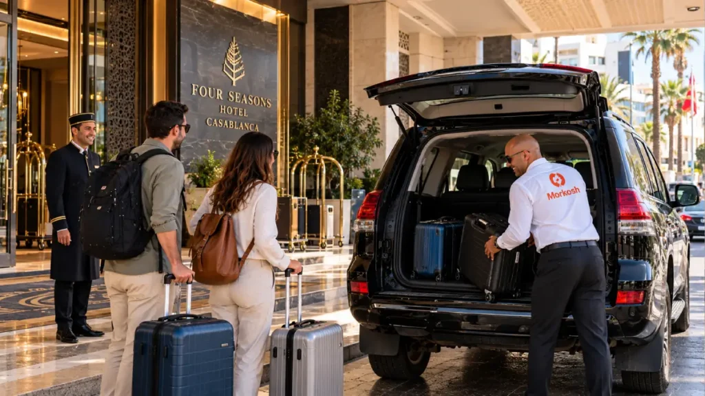 Private Casablanca airport transfer dropping travelers at a hotel with luggage assistance