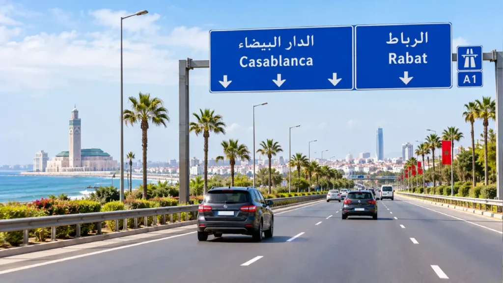 Driving from Casablanca to Rabat on the A1 motorway with cars, road signs and Moroccan scenery.