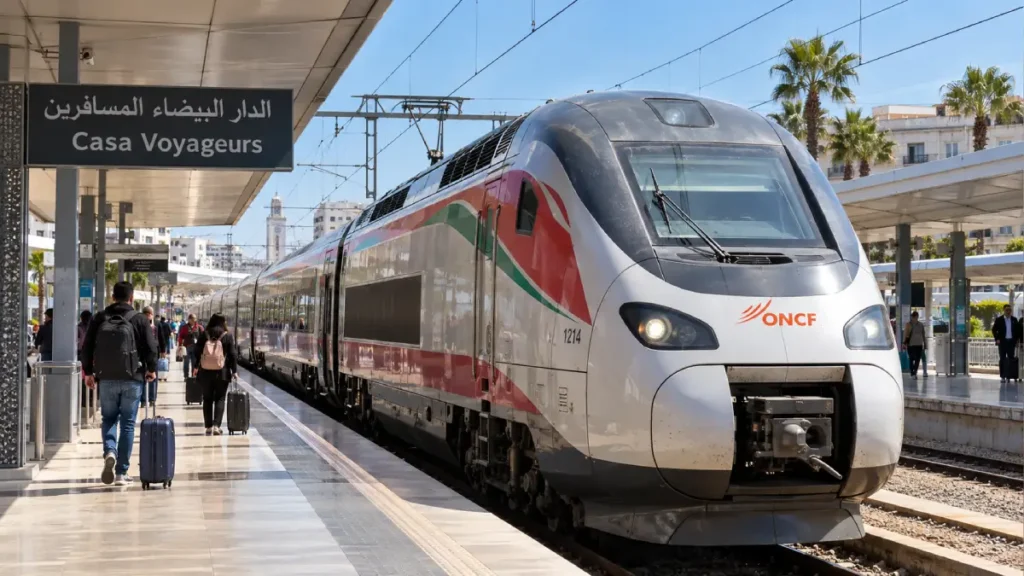 ONCF passenger train at Casa Voyageurs railway station for the Casablanca to Rabat journey.