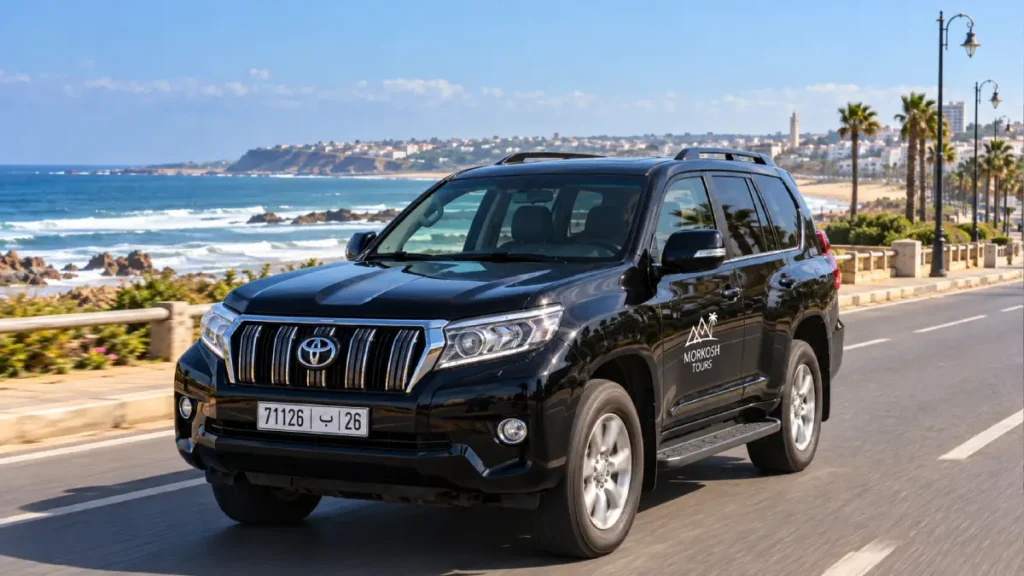 Black Toyota Prado TX private transfer vehicle with Morkosh Tours branding driving on the coastal road between Casablanca and Rabat.