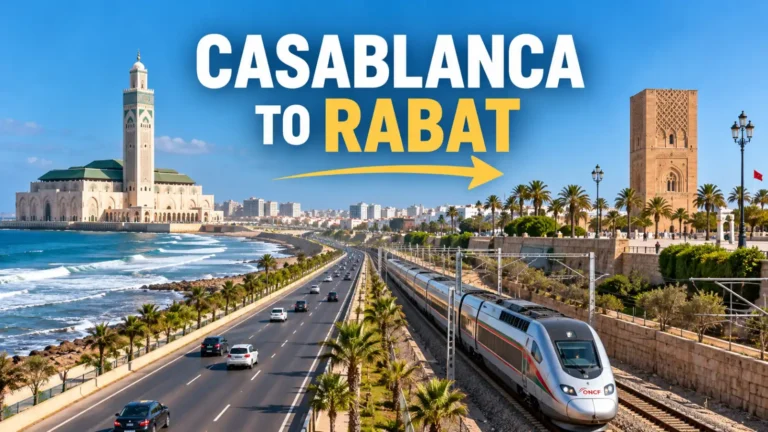 Casablanca to Rabat travel guide illustration featuring an ONCF train, Hassan II Mosque, Hassan Tower and motorway transport.