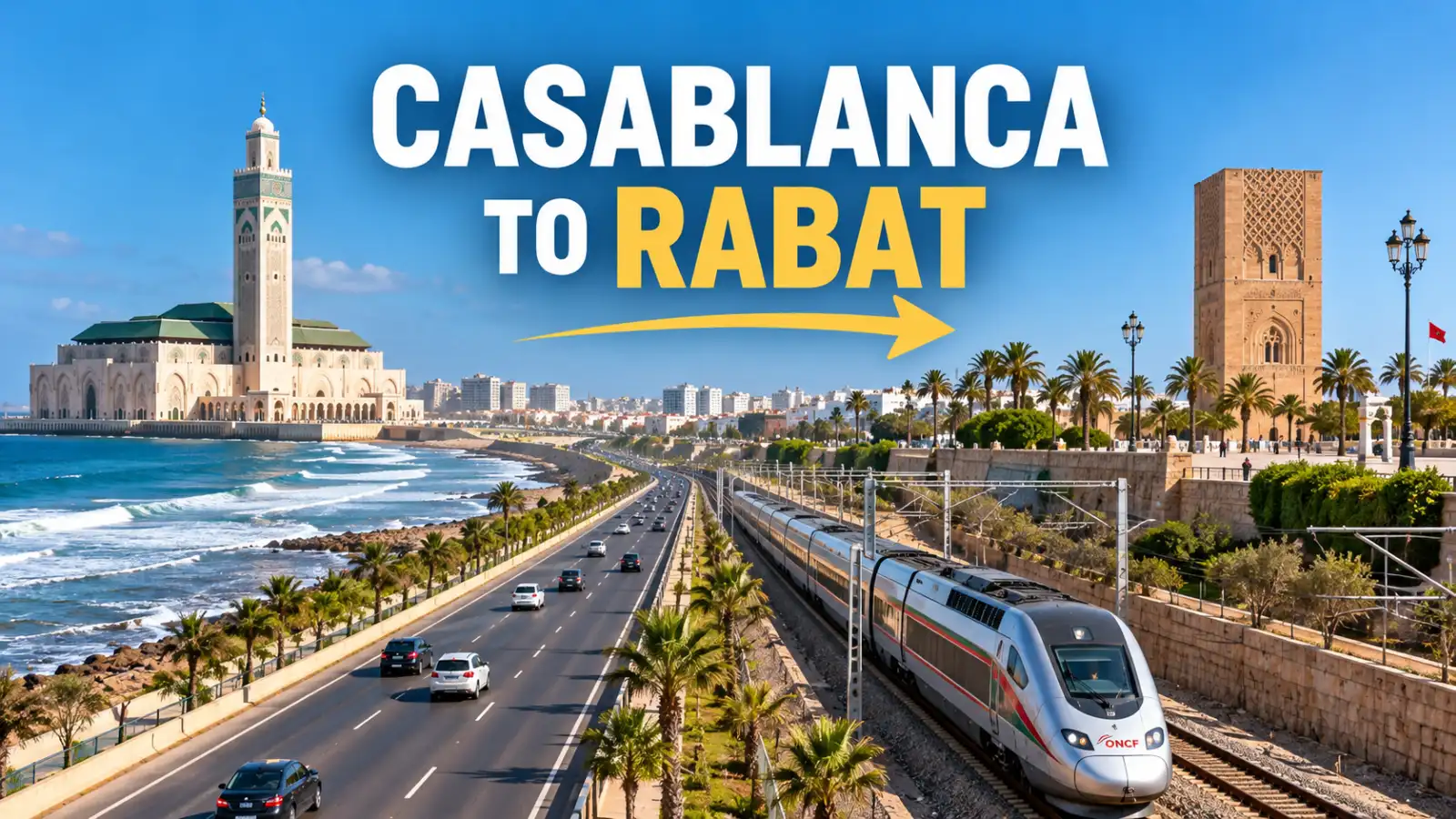 Casablanca to Rabat travel guide illustration featuring an ONCF train, Hassan II Mosque, Hassan Tower and motorway transport.