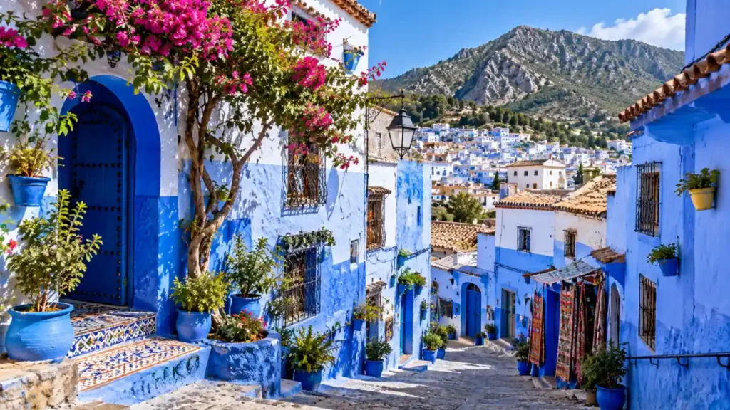 Chefchaouen blue Medina with traditional blue-and-white streets, colorful flowers and Rif Mountains in the background