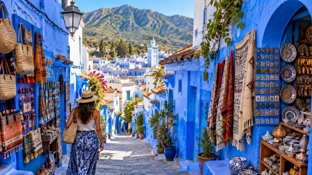 Chefchaouen day trip from Tangier with blue medina streets, shops and Rif Mountain views