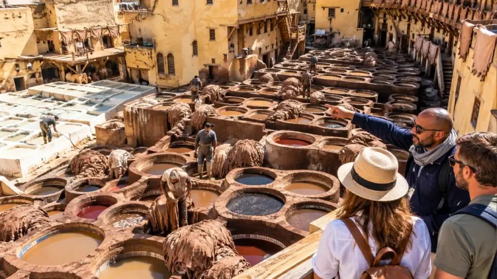 Chouara Tannery in Fes with traditional dye vats, leather workers and travelers viewing the tannery with a private guide