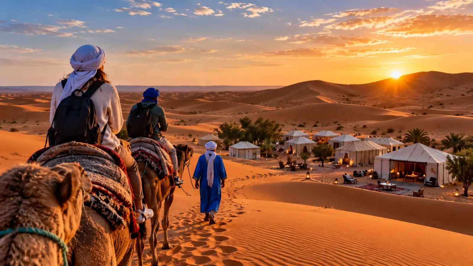 Fes desert tour with camel trek across Erg Chebbi dunes toward a luxury Sahara desert camp in Merzouga at sunset