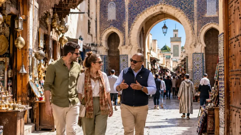 Licensed guide with travelers on a guided tour of Fes Medina