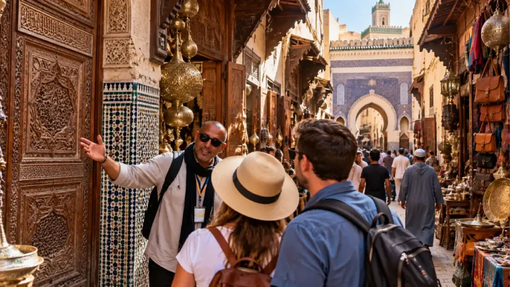 Licensed Fes Medina guide leading travelers through the souks and historic streets of Fes el-Bali