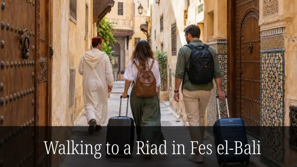 Two travelers pulling suitcases behind a local host through a narrow Moroccan Medina lane.