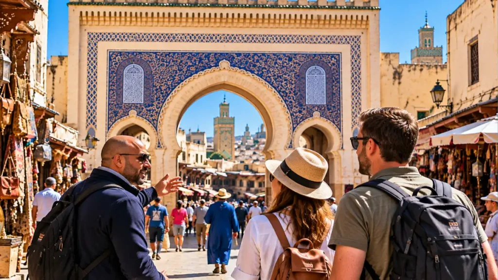 Fes Medina tour starting at Bab Bou Jeloud with a private guide and travelers entering Fes el-Bali