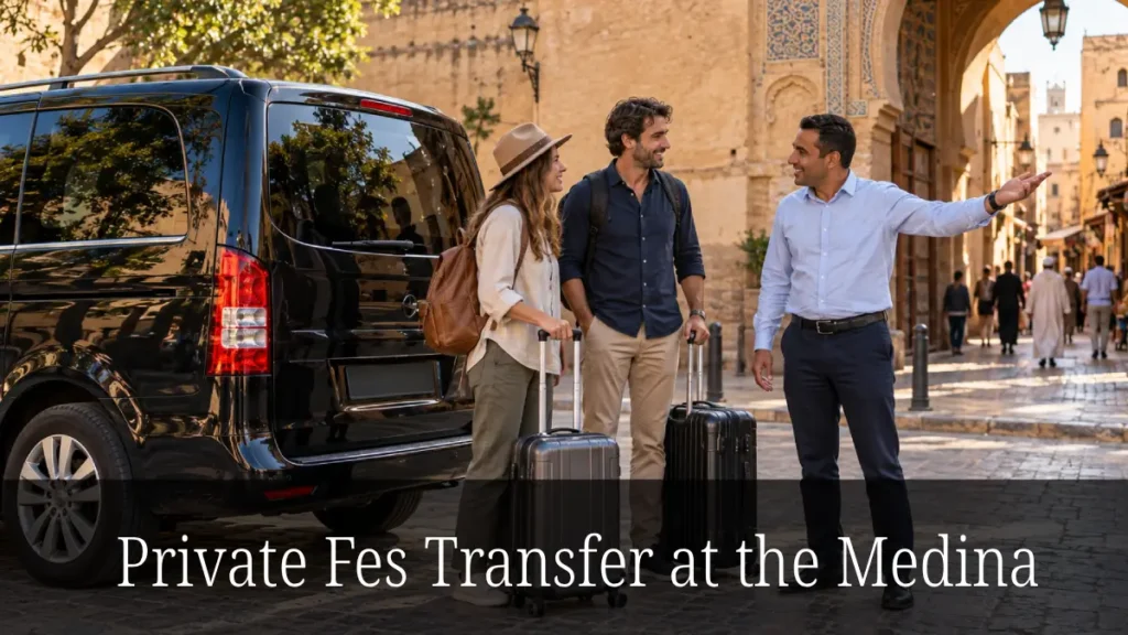Driver standing beside two travelers and their suitcases next to a dark minivan outside a Medina entrance.