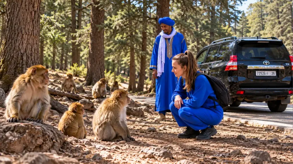 Traveler observing wild Barbary macaques in Azrou cedar forest with a Moroccan guide and black Toyota Prado TX during a Fes desert tour