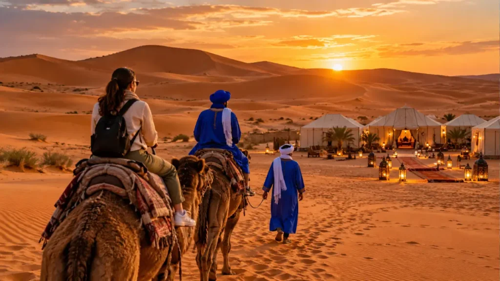 Camel trek arriving at a luxury desert camp in Erg Chebbi near Merzouga at sunset during a Fes desert tour