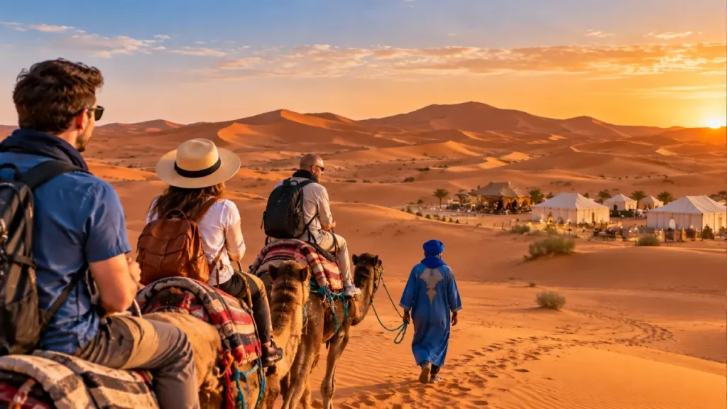 Multi-day Sahara tour from Fes with camel trek across the Merzouga dunes toward a desert camp