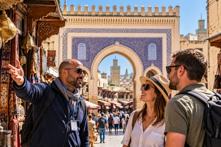 Fes walking tour with licensed private guide and travelers exploring the historic Medina near Bab Bou Jeloud