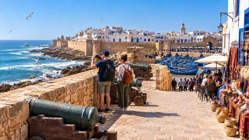 Travelers exploring Essaouira ramparts, fishing port and medina during a short visit