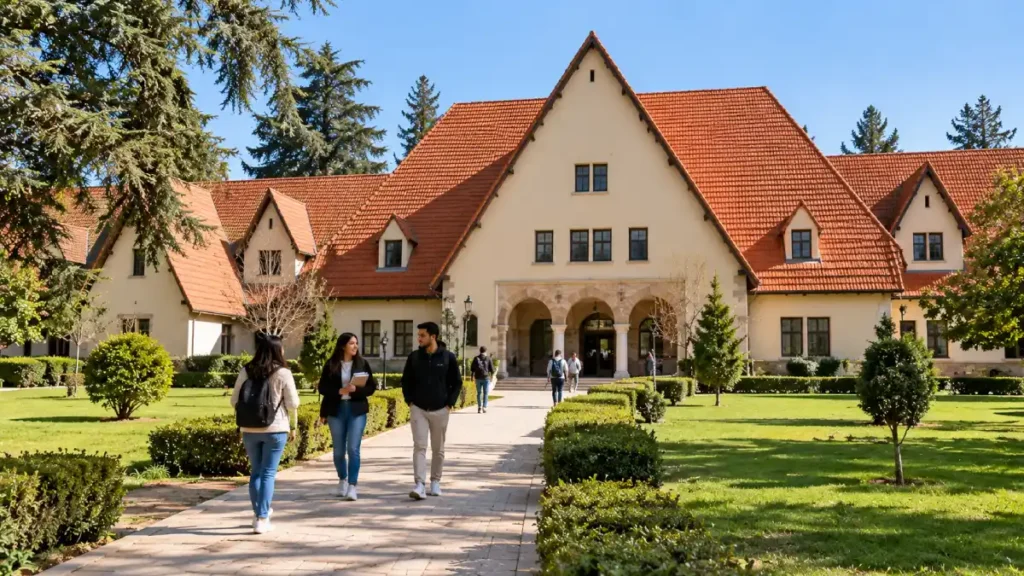 Al Akhawayn University campus in Ifrane, Morocco, featuring cream-colored buildings, steep red-tiled roofs, landscaped gardens and students walking between university buildings.