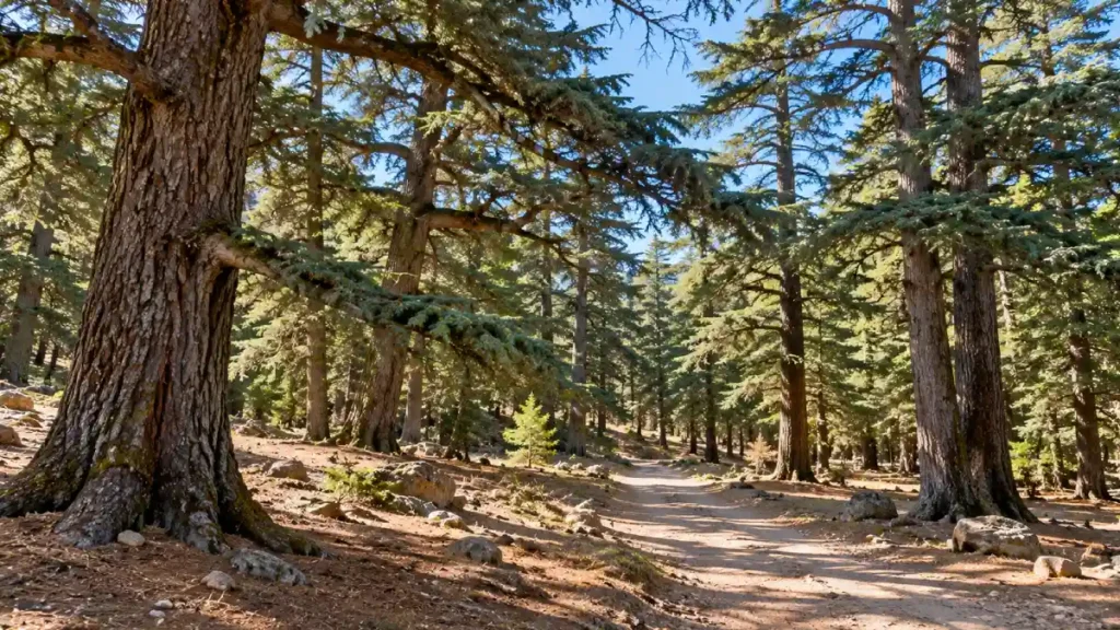 Atlas cedar forest near Azrou and Ifrane, Morocco, featuring towering cedar trees, rough trunks and a natural walking trail through the Middle Atlas Mountains.