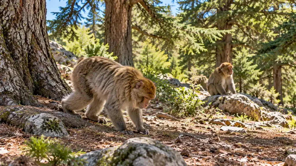 Two wild Barbary macaques in the cedar forests near Azrou and Ifrane, Morocco, surrounded by Atlas cedar trees and rocky woodland.