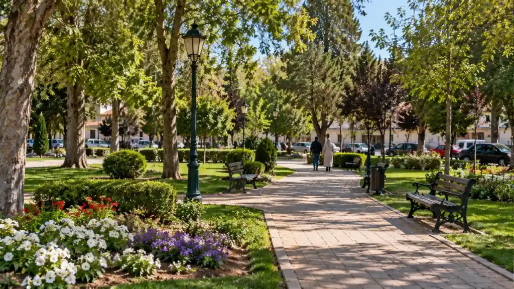 Central gardens of Ifrane, Morocco, featuring shaded walking paths, green lawns, colorful flowerbeds, park benches and mature trees.