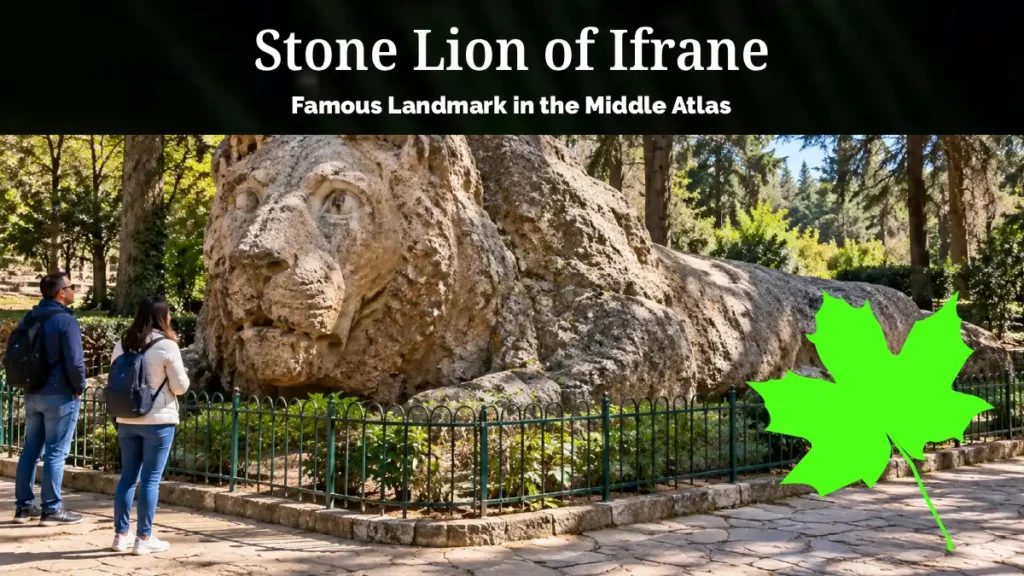 Stone Lion landmark in Ifrane, Morocco, featuring a weathered limestone lion sculpture surrounded by trees, a green metal fence and visitors.