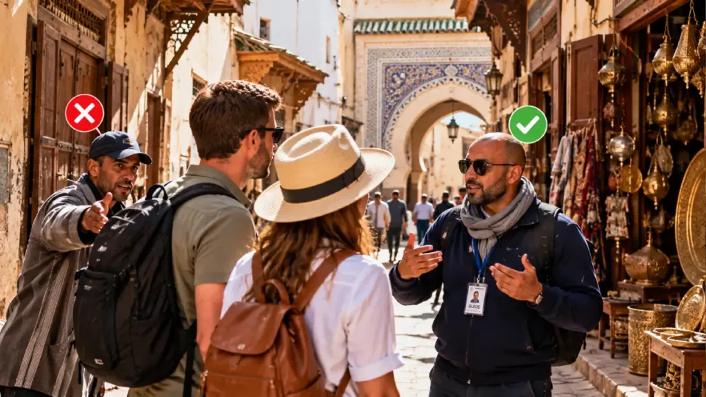 Licensed Fes tour guide with travelers in the Medina compared with an unofficial street helper