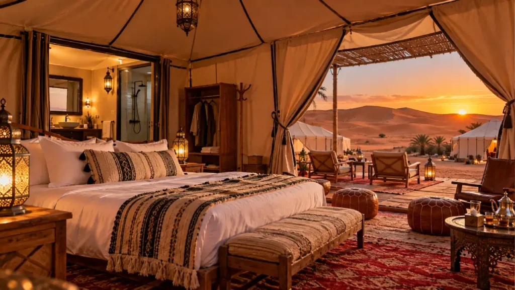 Luxury desert camp in Merzouga with a comfortable double bed, private en-suite bathroom and sunset views of the Erg Chebbi dunes
