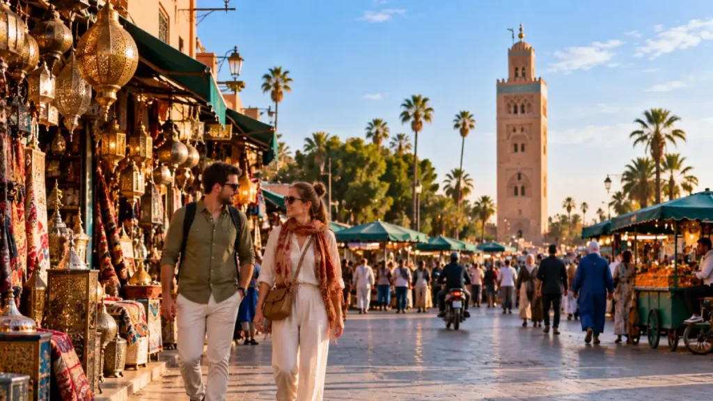 Travelers sightseeing in Marrakech Medina near Koutoubia Mosque