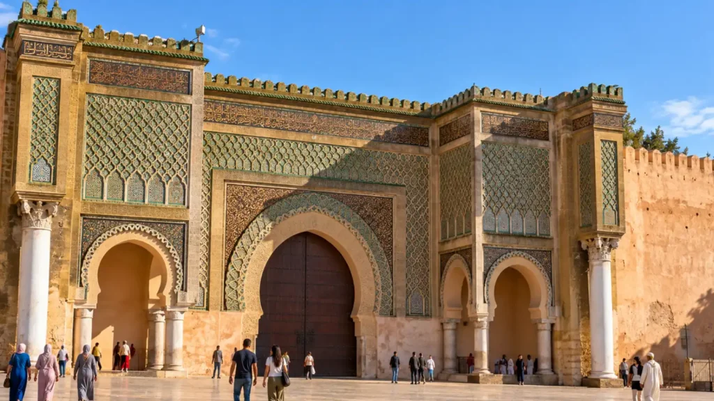Bab Mansour historic gate in Meknes, Morocco, featuring intricate Moroccan zellige tilework, monumental arches and visitors crossing Place El Hedim.
