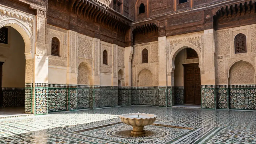 Bou Inania Madrasa in Meknes, Morocco, featuring traditional zellige tilework, carved cedarwood, ornate stucco arches and a central courtyard fountain.