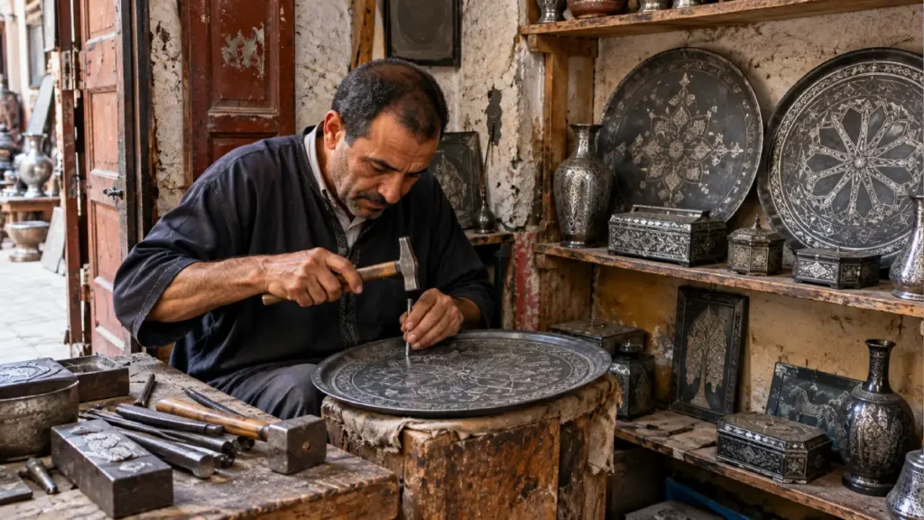 Traditional damascening artisan in Meknes Medina working on a decorative metal tray with intricate silver inlay patterns.