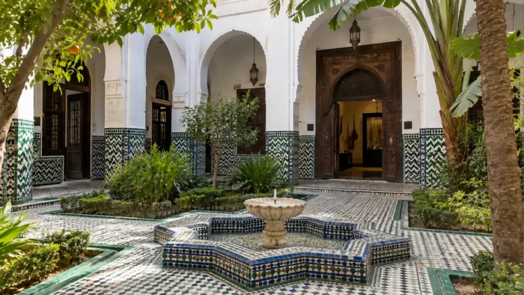 Dar Jamai Museum in Meknes, Morocco, showing a traditional Andalusian-style courtyard with a star-shaped zellige fountain, white arches and garden greenery.