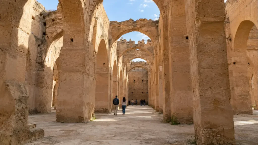 Heri es-Souani historic granaries in Meknes, Morocco, showing massive earthen pillars, rows of ancient arches and visitors exploring the imperial complex.