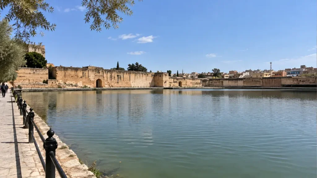 Sahrij Swani historic water reservoir in Meknes, Morocco, with calm water, weathered imperial walls and a stone walkway overlooking the basin.