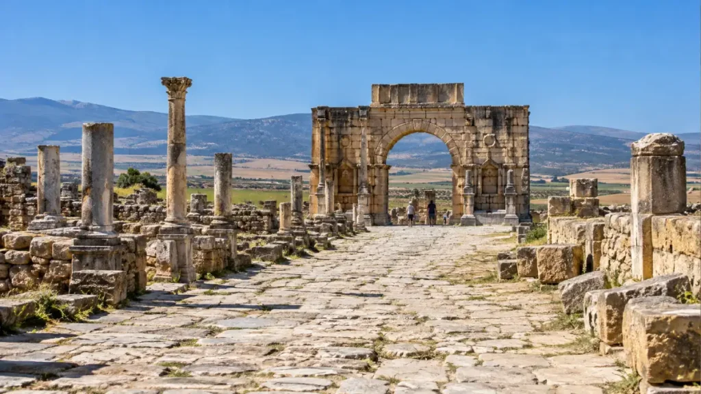 Volubilis Roman ruins near Meknes, Morocco, showing the Arch of Caracalla, ancient stone columns and the Decumanus Maximus with the Zerhoun hills in the background.