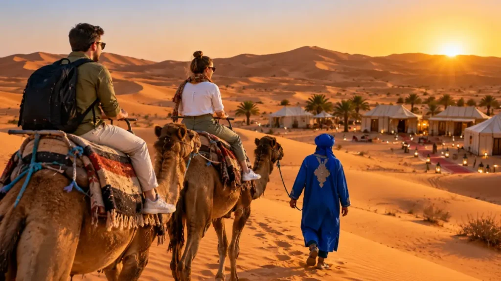 Merzouga camel ride across Erg Chebbi dunes toward a luxury Sahara camp