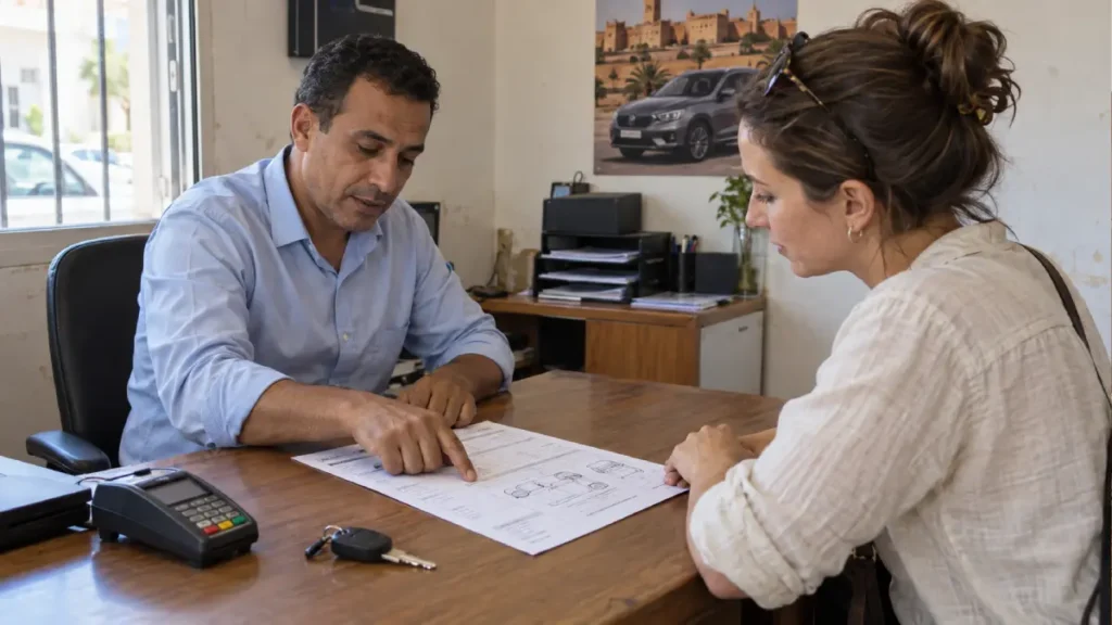 Traveler reviewing a car rental agreement with an agent at a Moroccan rental office