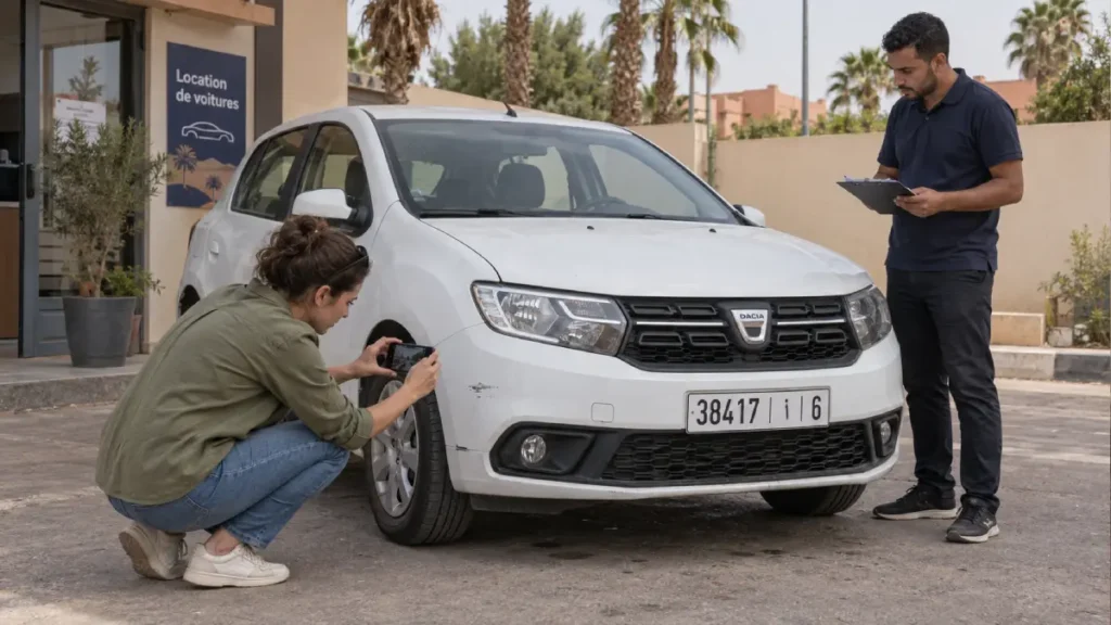 Traveler photographing bumper scuffs on a white rental car while an agent holds a clipboard