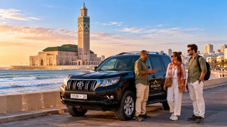 Private Morocco tour from Casablanca with guide, travelers and Toyota Prado near Hassan II Mosque