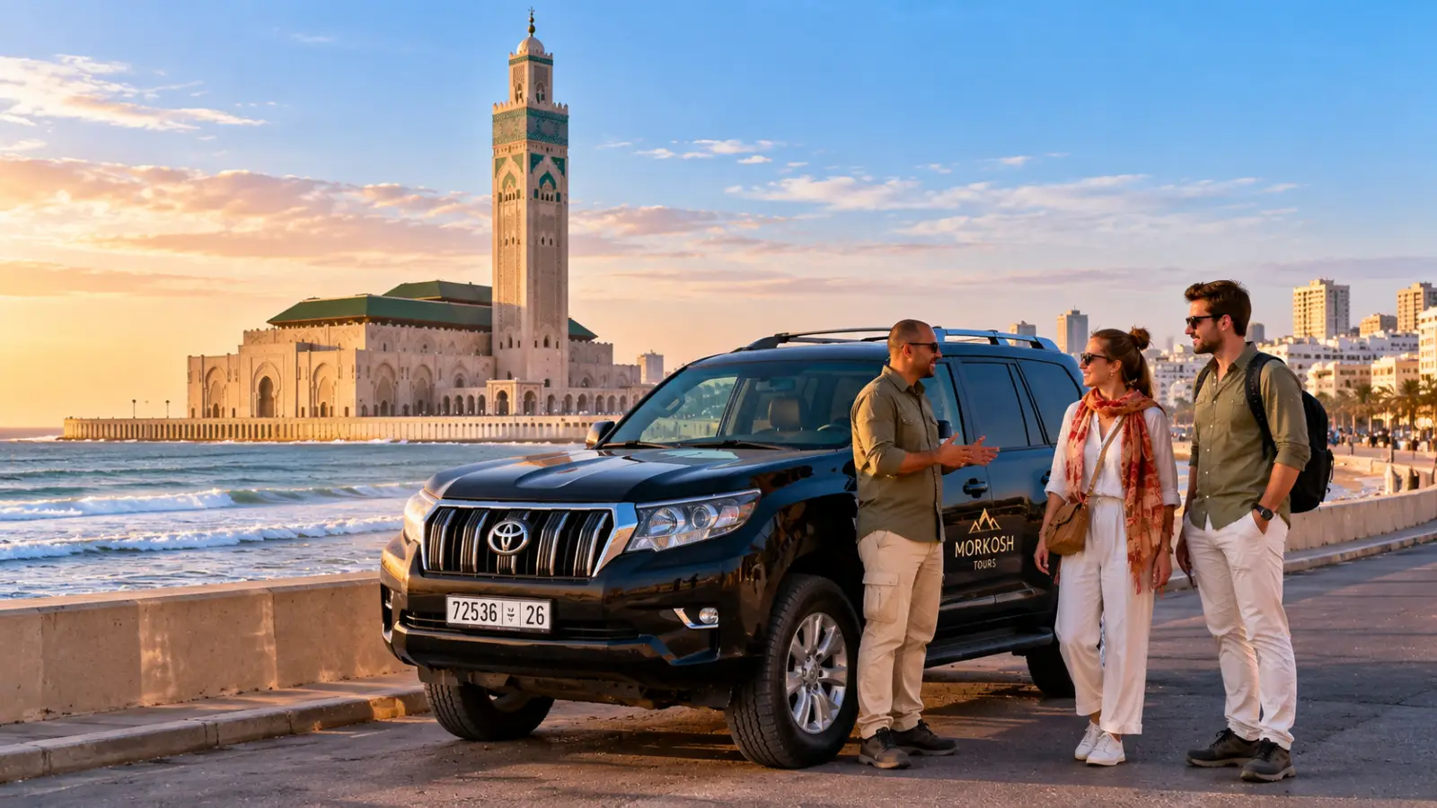 Private Morocco tour from Casablanca with guide, travelers and Toyota Prado near Hassan II Mosque