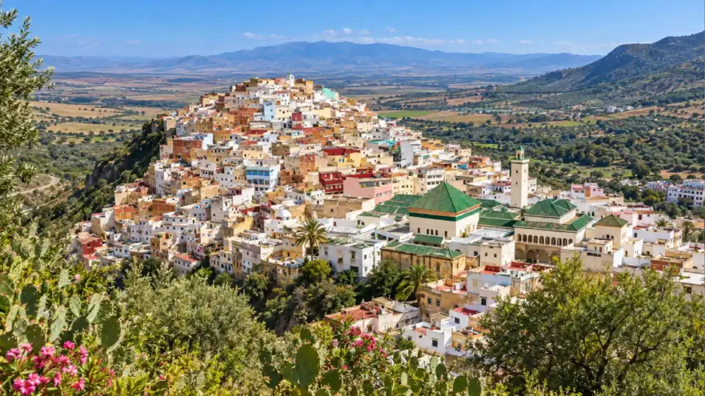 Panoramic view of Moulay Idriss Zerhoun with hillside houses, green-roofed mausoleum complex and surrounding Moroccan countryside