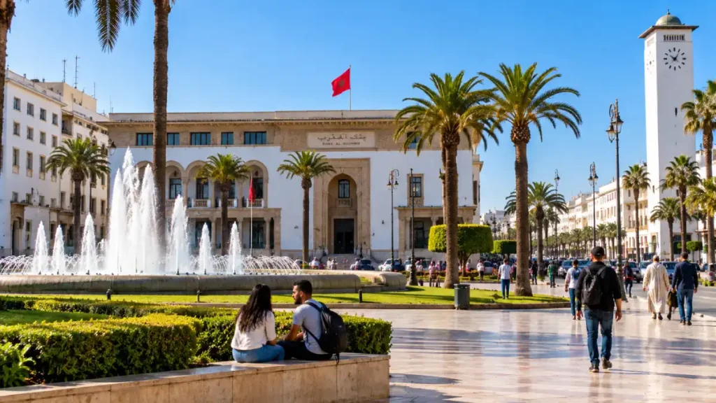 Place Mohammed V in Casablanca with fountain, palm trees and historic civic buildings