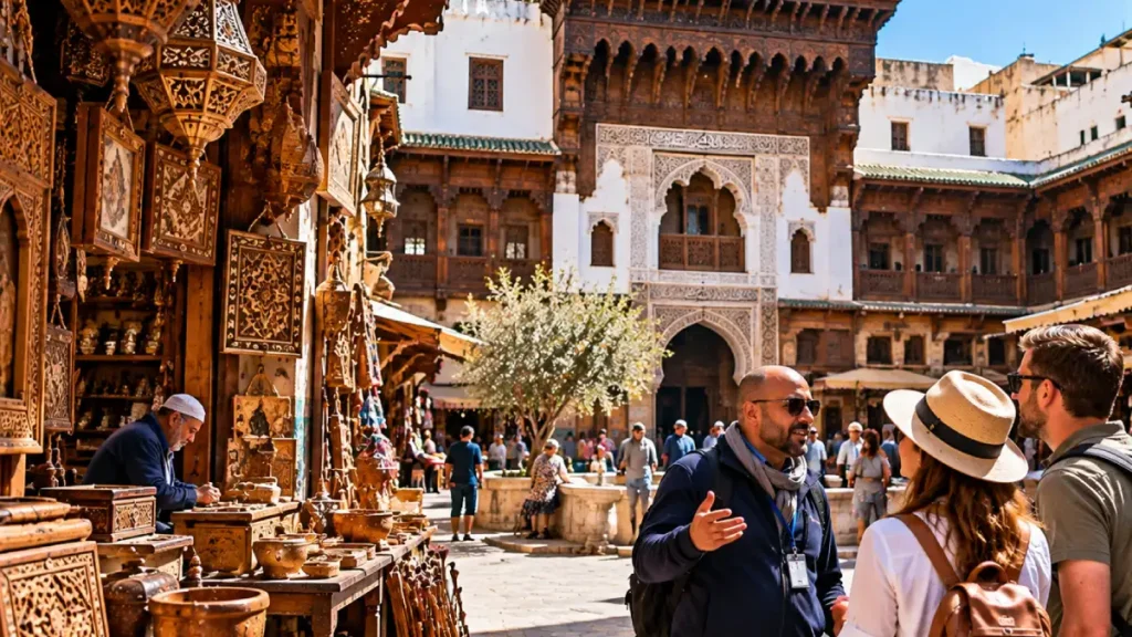 Place Nejjarine in Fes with traditional woodworking shops, carved wood crafts and a private guide with travelers