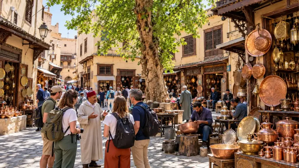 Place Seffarine in Fes with traditional copper workshops, metalworkers and travelers on a Medina walking tour