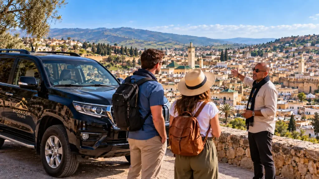 Private Fes tour with Morkosh Tours guide and black Toyota Prado overlooking the historic city