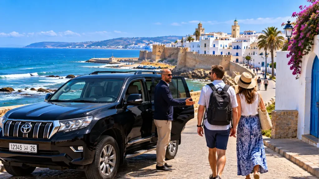 Private driver from Tangier to Asilah with black Toyota Prado and travelers arriving by the coast
